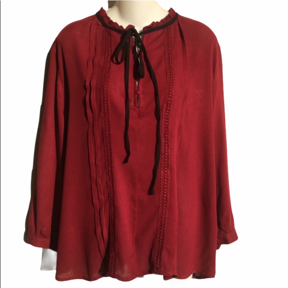 Pintuck Romantic Burgundy Blouse Top 3/4 Sleeve Lace Ruffle Collar New Junior L